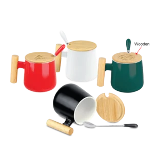 cm 16 ceramic mug with wooden lid and spoon (cm16 (c/w box))