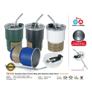 stainless steel thermo mug with stainless steel straw (double wall) (tm632)