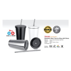 stainless steel thermo mug with straw (tm692)