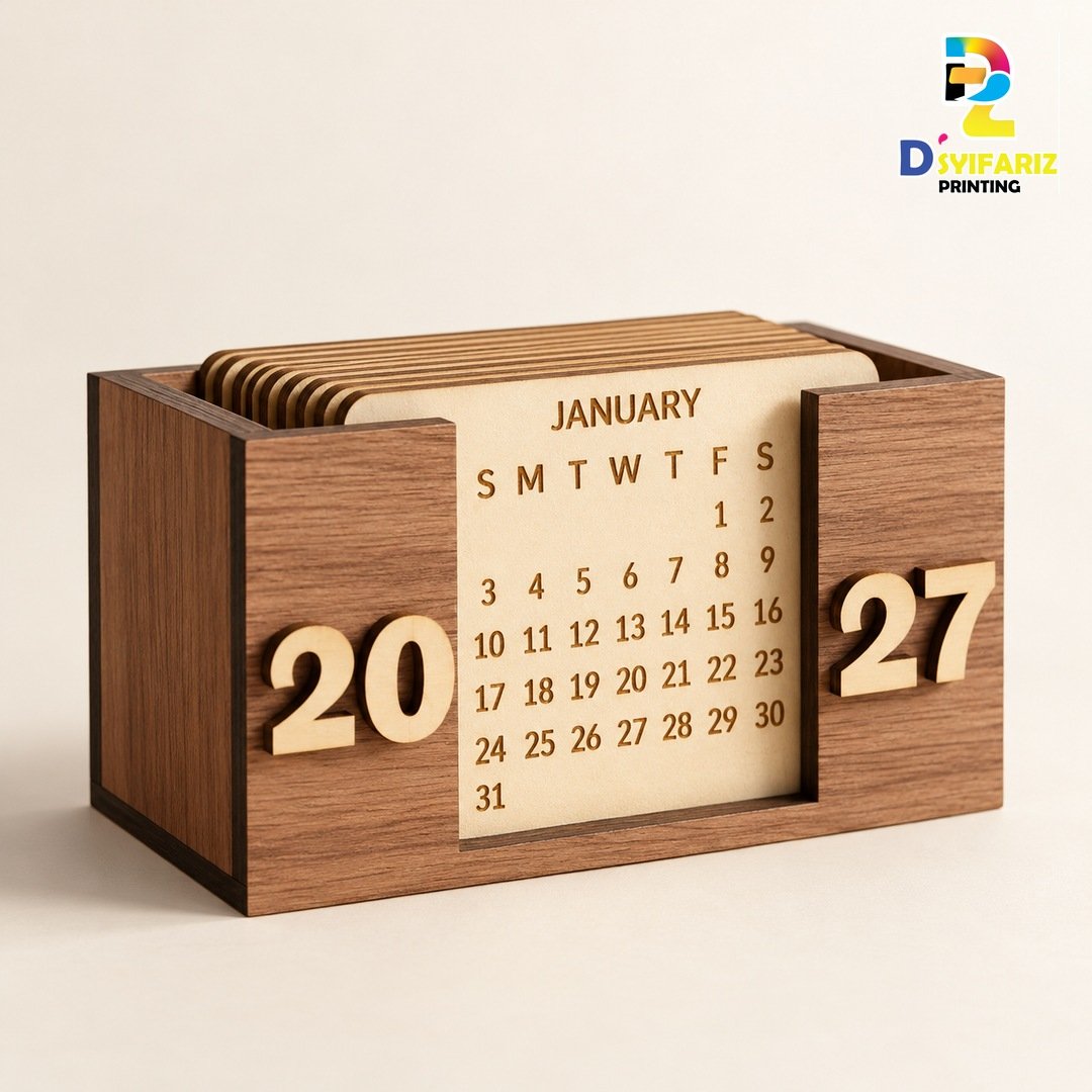 Kalendar Meja Kayu Custom - visual konsep berlogo Dsyifariz